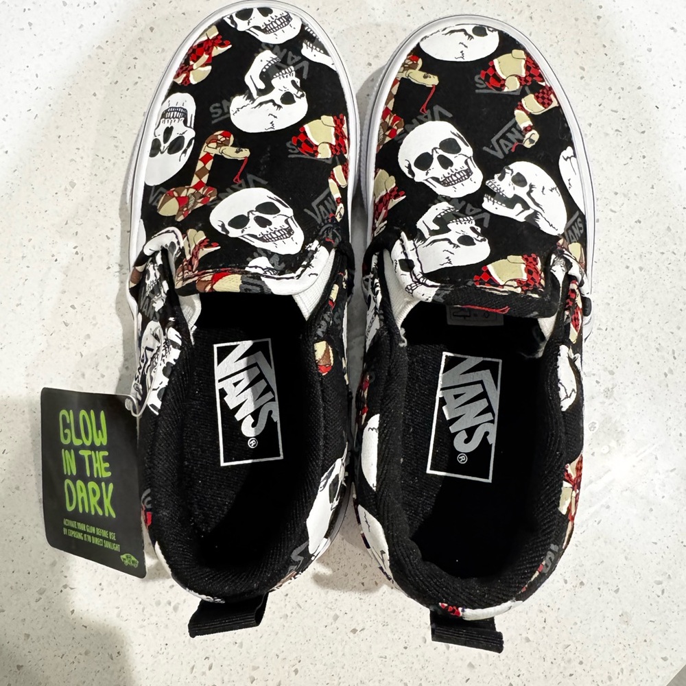 Brand New VANS SLIP ONS Boys Youth Size 11 with Skulls, Glow in The Dark.